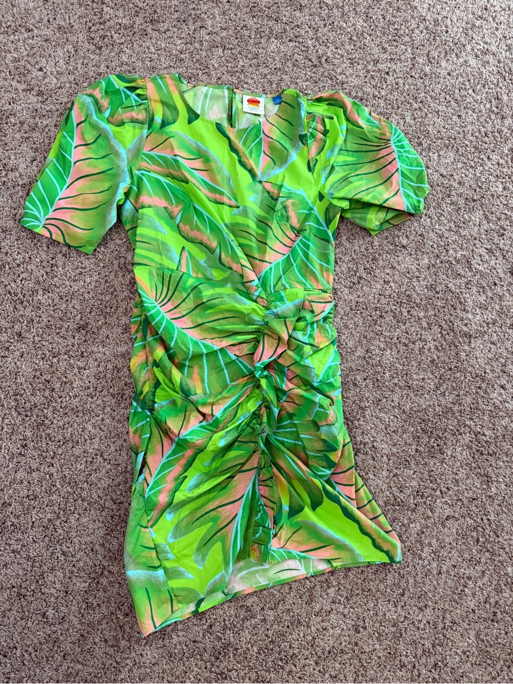 FARM Rio Neon Leaf Print Top in Lime Green & Coral Pink